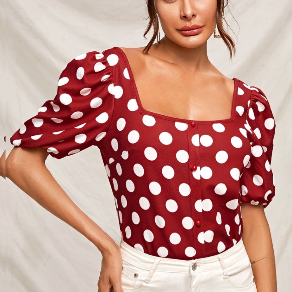 Polka Dot Puff Sleeve Blouse - Red